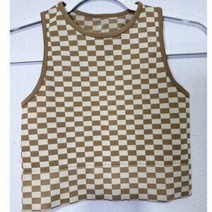 Aura Tank Top Brown Checker Ribbed Crop M Retro‎ Boho Streetwear Y2K Aesthetic